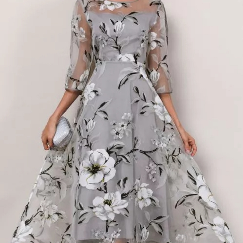 Elegant Floral Round Neckline Midi X-line Dress